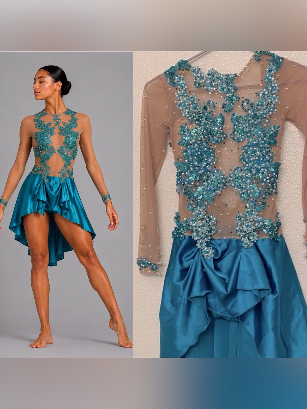 Custom Solo Dance Costume Teal Blue Lyrical Competition nude illusion SA adult